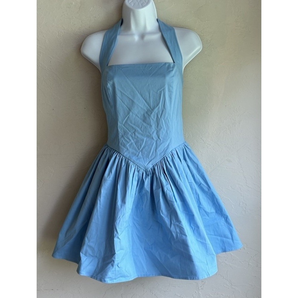 Blue Halter Basque Waist Mini Dress M NWT Coquette Princess Retro Ballet Poplin